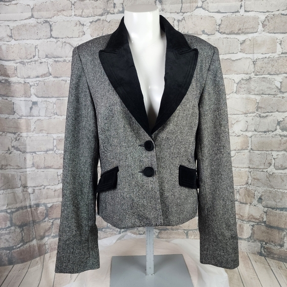 Vintage Louben Wool Tweed Blazer Velvet Accents Black White Size 10 - Picture 3 of 13